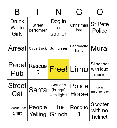 St. Pete Trolley Bingo Card