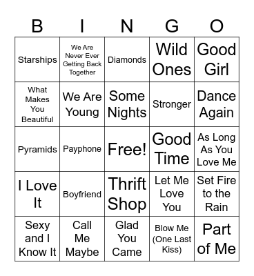 Songs of 2012 Bingo Card