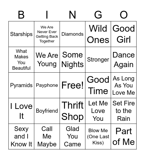 Songs of 2012 Bingo Card