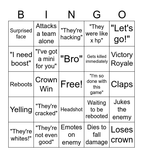 Fortnite Bingo Card