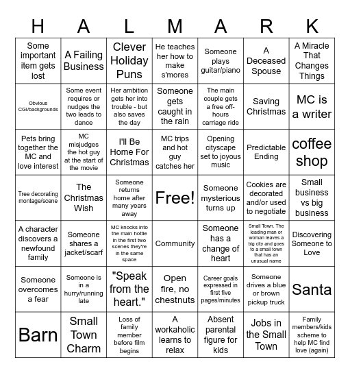 Hallmark Christmas Movie Bingo Card