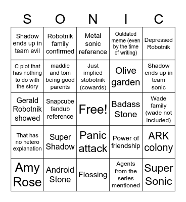 SONIC 3 Bingo Card