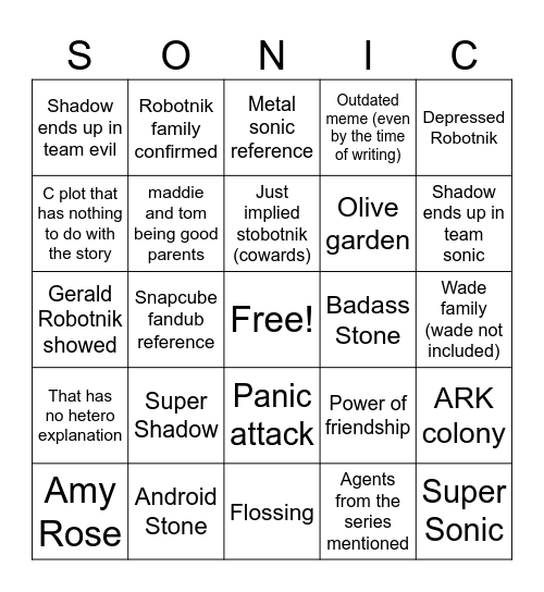 SONIC 3 Bingo Card