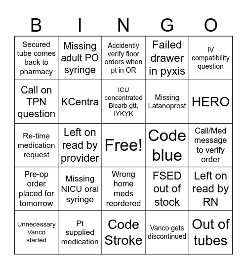 Pharmacy Bingo Card