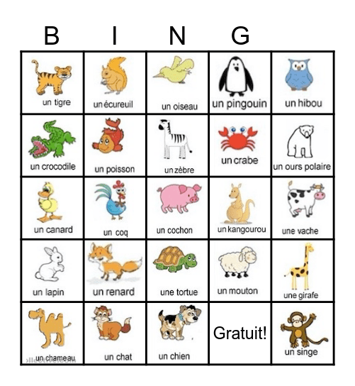 Les animaux Bingo Card