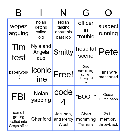 The Rookie Bingo Card