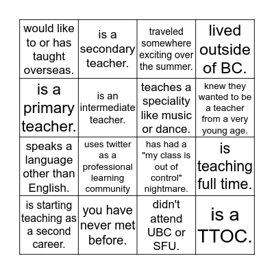 Find someone who . . .  Bingo Card