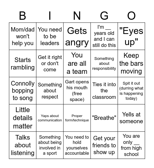 Weights S&A Bingo Card