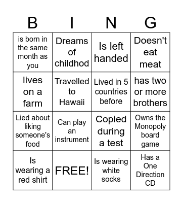 Get to know each other Bingo Card