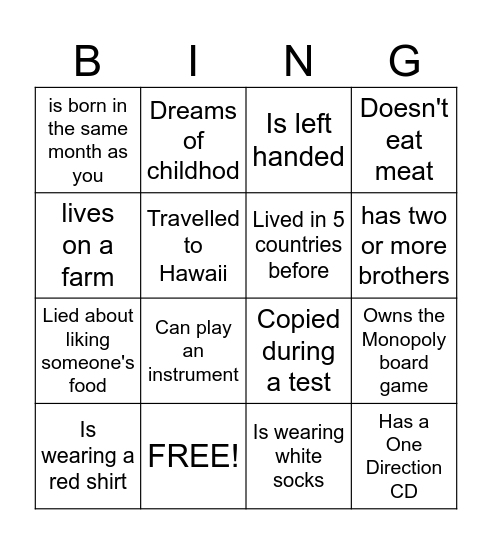 Get to know each other Bingo Card