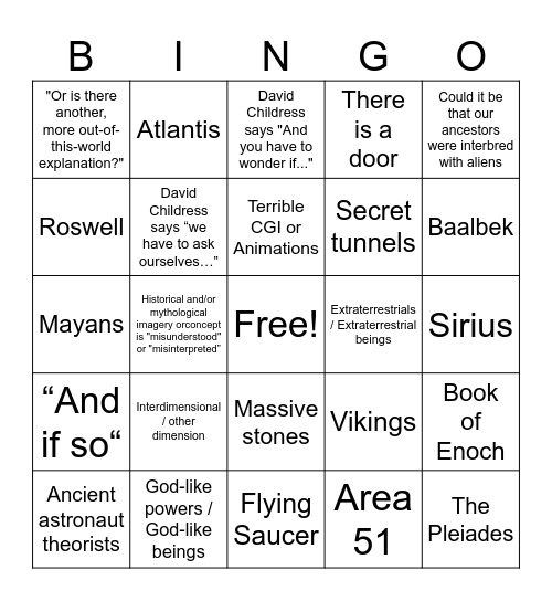 Ancient Aliens Bingo Card