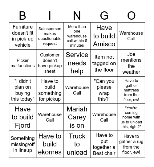 Warehouse Bingo Card