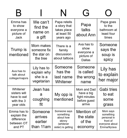 2024 Whitener Family Christmas Bingo Card