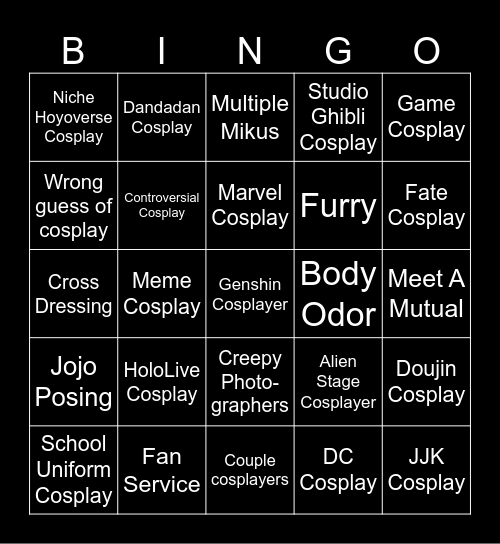 Cosplay Matsuri Experience Bingo Card