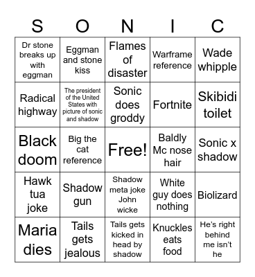 Sonic movie 3 bingo Card