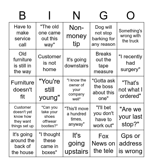 Delivery Bingo Card