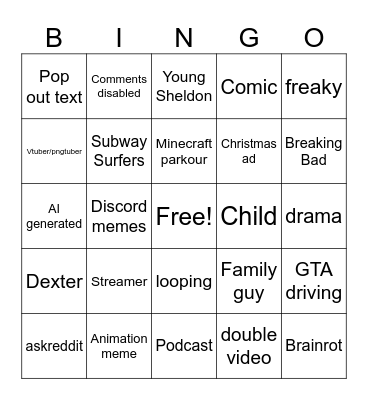 Youtube Shorts Bingo Card