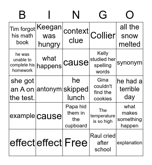 Cause and Effect Bingo Card