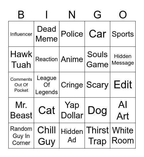 YouTube vs TikTok Bingo Card