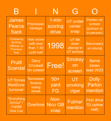 Volunteer Football Bingo Card