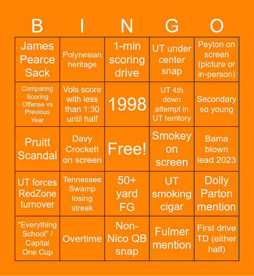 Volunteer Football Bingo Card