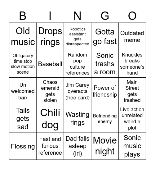 Sonic 3 Bingo Card