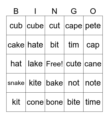 Magic 'e' Bingo Card