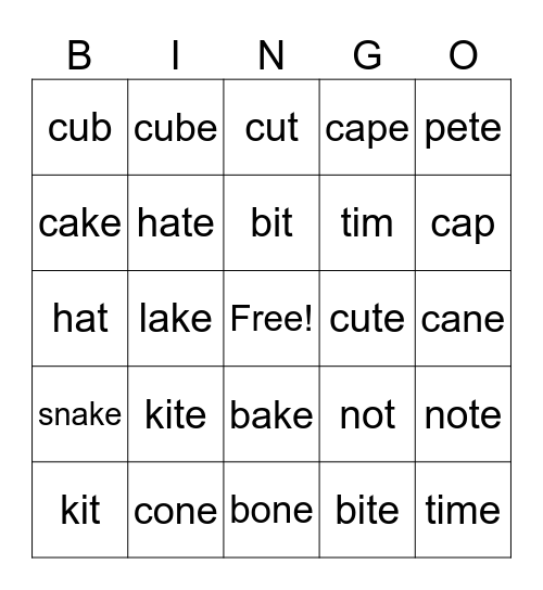 Magic 'e' Bingo Card