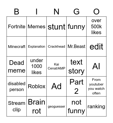 YT shorts bingo Card