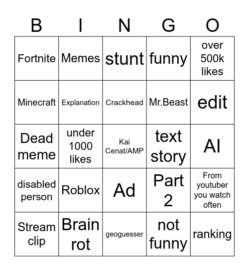 YT shorts bingo Card