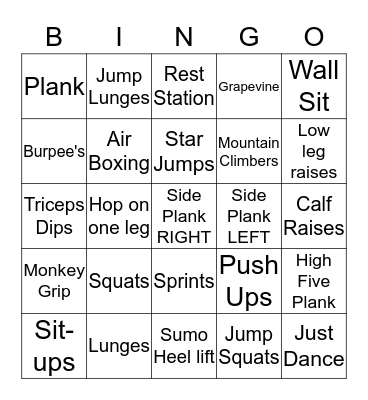 Fitness Fun Bingo Card