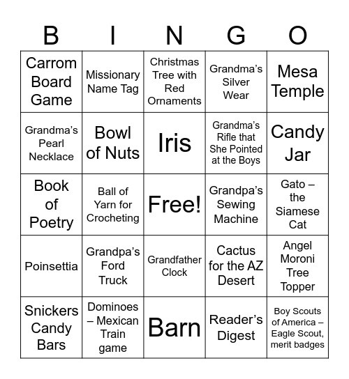 Jonesies Bingo Card