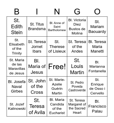 Carmelite Bingo Card