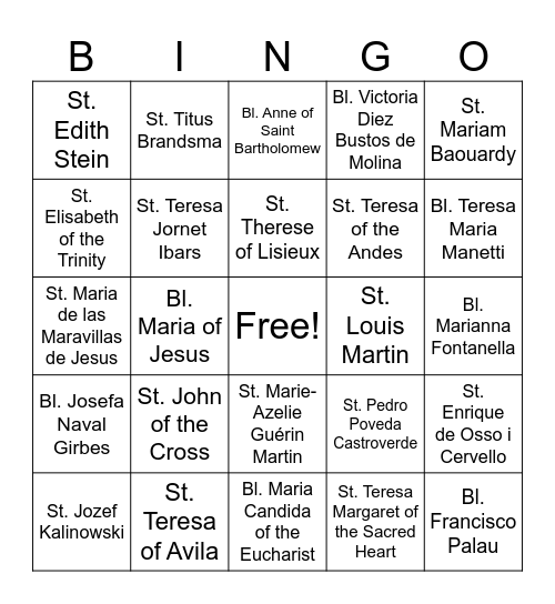 Carmelite Bingo Card