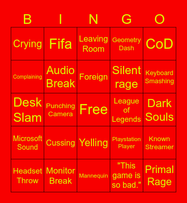 Gamer Rage Bingo Card