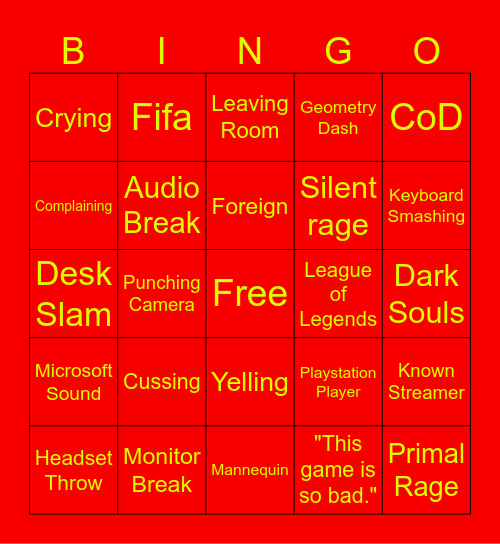 Gamer Rage Bingo Card