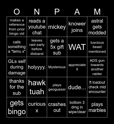 Onpam Stream Bingo Card