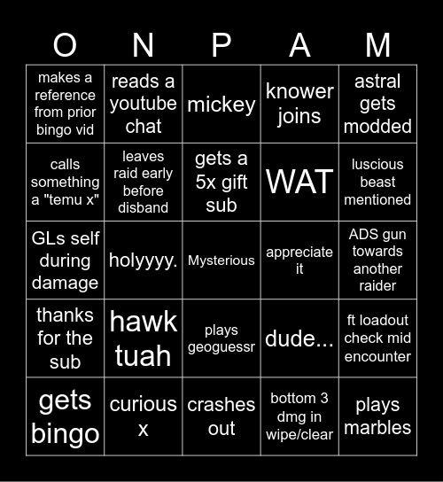 Onpam Stream Bingo Card