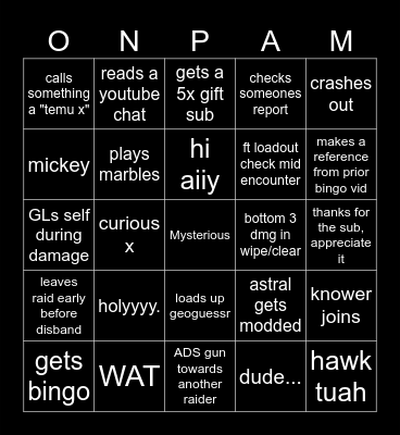Onpam Stream Bingo Card
