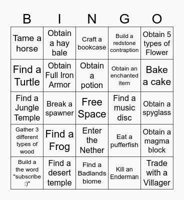 Minecraft Hardcore Bingo Card