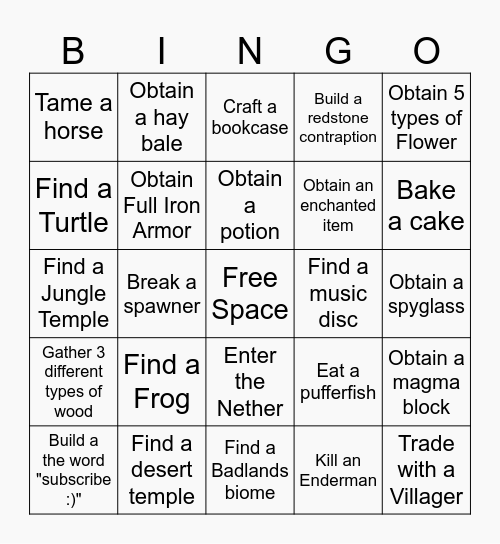 Minecraft Hardcore Bingo Card