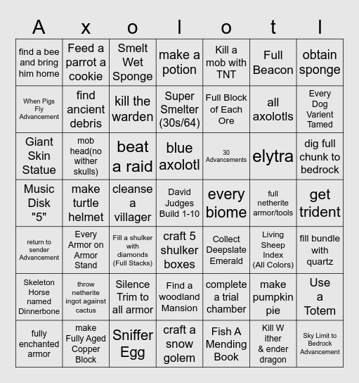 Minecraft Hard Bingo Card