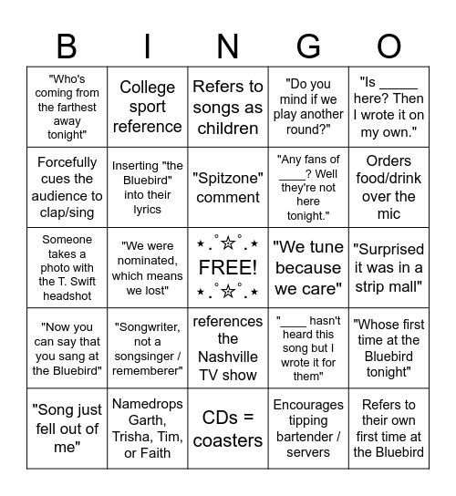 Bluebird Café Songwriter's Bingo Card