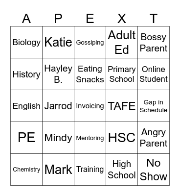 Apex Tutoring Bingo Card