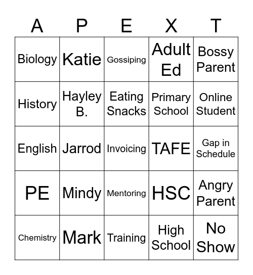 Apex Tutoring Bingo Card