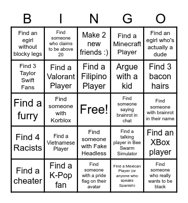Roblox Player Scavenger Hunt Bingo Card