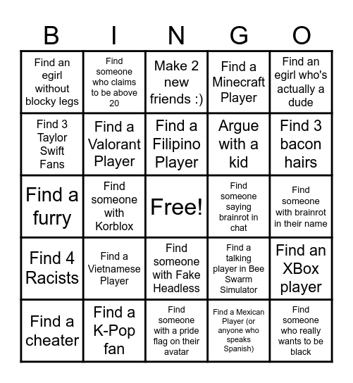 Roblox Player Scavenger Hunt Bingo Card