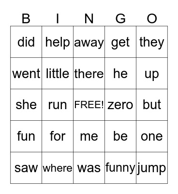 Kinder Plus Sight Word Bingo Card