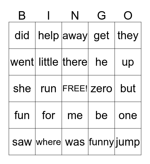 Kinder Plus Sight Word Bingo Card