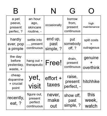 Grammar Party Bingo Card